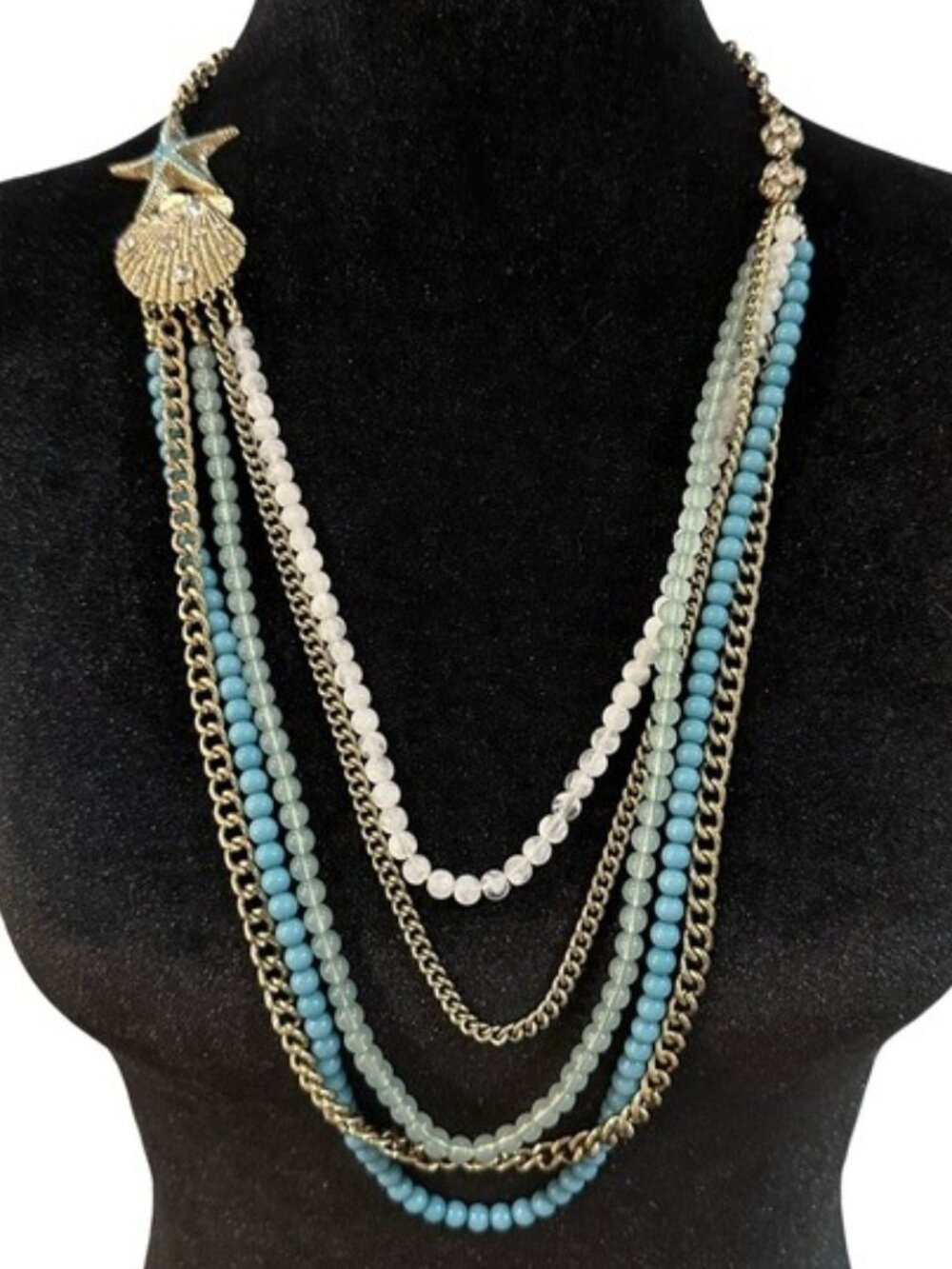 Multi Layer Beaded Necklace With Gold Tone Chains Starfish Shell Pendant